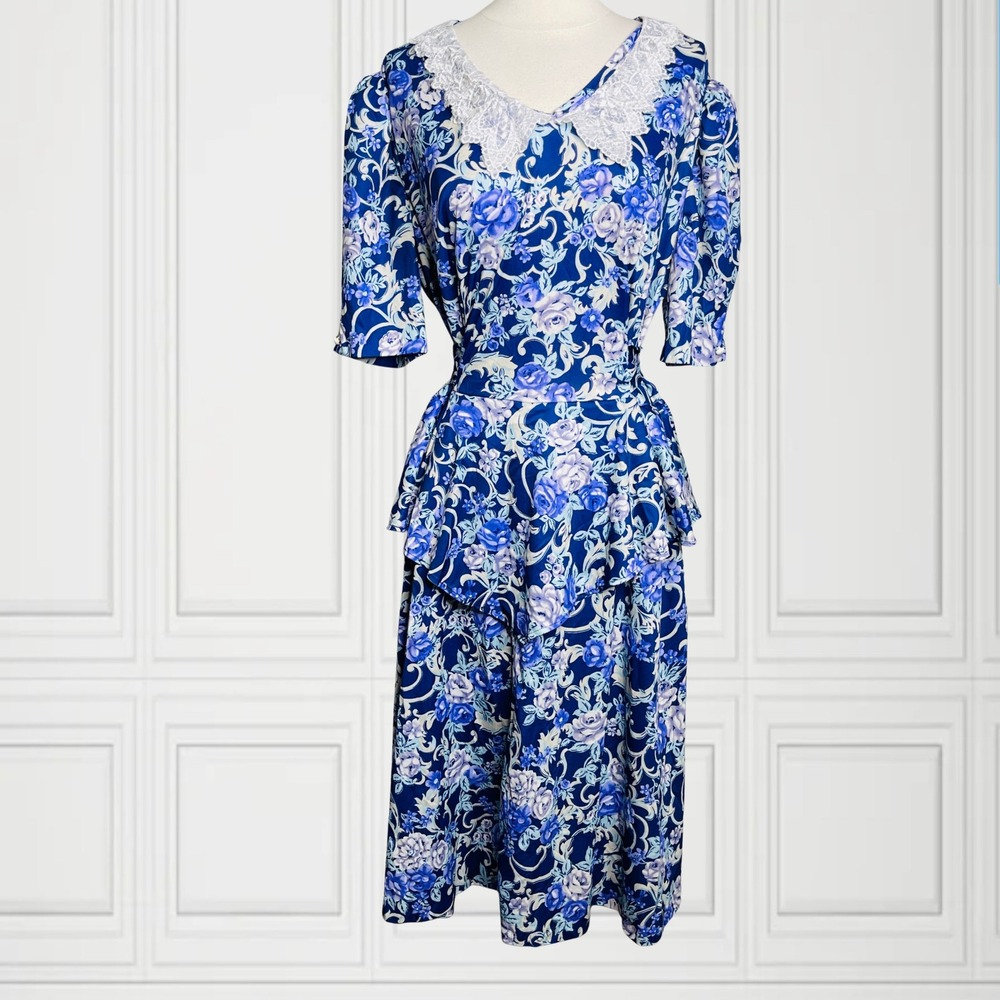 MCS Ltd Vintage 80s Blue Floral Peplum Midi Dress‎ Lace Collar Made in USA Large
